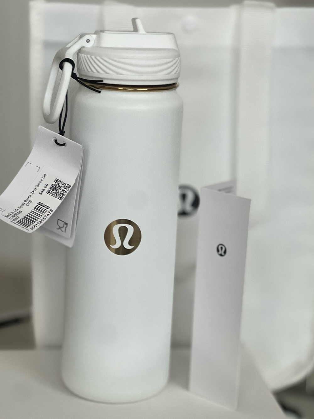 lululemon athletica White Water Bottle with Gold Logo Accent